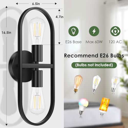 Industrial 2-Light Black Wall Sconces Set of 2, Up and Down Metal Wall Light Fixtures, Vintage Vanity Light Fixtures, Indoor Wall Sconces Lighting for Living Room Bedroom Hallway Bathroom, No E26 Bulb