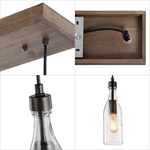 LNC Wooden Pendant Lights, 3-Height Adjustable Bottle Glass Pendant Lighting, Clear Glass Bottle Inspired Lighting Fixture