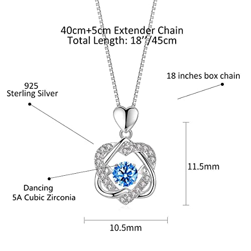 Sparkling Dancing Diamond Necklace - Dainty 925 Sterling Silver Pendant with Cubic Zirconia Birthstones for Women and Girls - Ideal Gift for Valentine's Day, Christmas (HeartBlue)