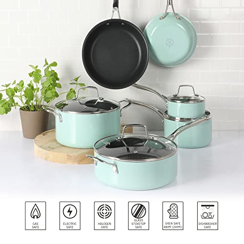 Martha Stewart Lockton Premium Nonstick 10 Piece Enamel Heavy Gauge Aluminum Pots and Pans Cookware Set - Martha Blue