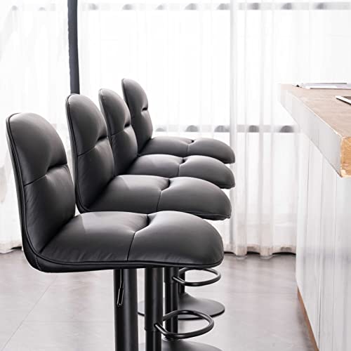 YOUTASTE Black Bar Stools Set of 2 PU Leather Upholstered Counter Height Barstools Adjustable 360 Swivel Metal Thickened High Back Bar Chairs Kitchen Island Stools