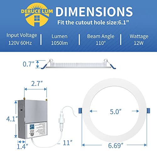 Deruce Lum 12 Pack 6 Inch 3000k Ultrathin Led Recessed Light, Superbright recessed Lighting 6 inches led recessed Light for Living Room Bedroom Kitchen Hallway12W 1050lm- ETL&Energy Star Certified