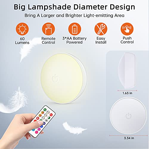 Puck Lights with Remote Control, 13 Colors 4 Lighting Mode Changeable RGB LED Under Cabinet Lighting,AA Battery Powered Push Night Lights 3M Stick-on,Under Counter Lighting With Timer Function(6 Pack)
