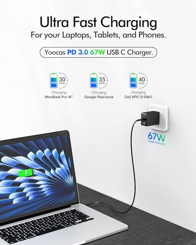 Yoocas USB C 67W GaN Charger, PD 3.0 Power Delivery Fast Type C Charging Block, Laptop Charger for MacBook Pro/Air, iPad Pro, iPhone, Android,Dell XPS, Galaxy, Switch,Surface,steam Deck.-Black