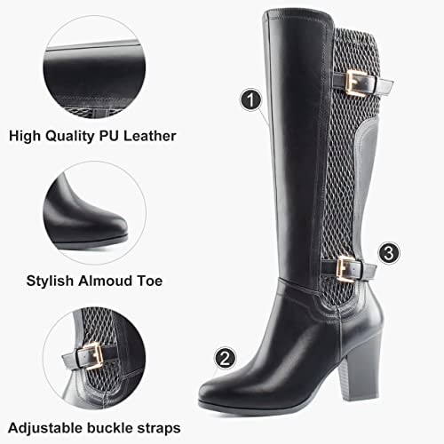 DCMBLY Knee High Boots Women Chunky Heel Almoud Toes Full Side Zipper Boots with Super Elasticity Embroidering Shrinked PU
