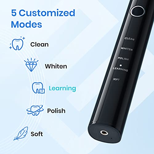 Etekcity Electric Toothbrush Sonic for Adults, Learning Mode, 6 Soft & Premium Brush Heads, Fast Charge 3 Hours Last 60 Days, Kids and Beginners, 2 Mins Smart Timer, 5 Modes & Travel Case, Black