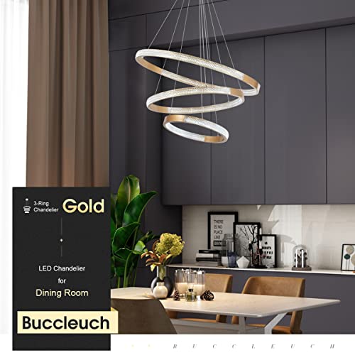 Buccleuch Dining Room Light Fixtures Over Table Gold Modern Chandelier Lighting LED 3-Ring for Living Room Kitchen Island Adjustable Cords 75W 6000K Dimmable