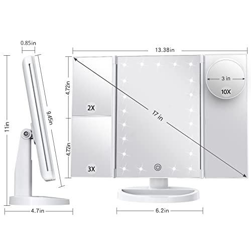 Makeup Mirror Vanity Mirror with Lights, 2X 3X 10X Magnification, Lighted Makeup Mirror, Touch Control, Trifold Makeup Mirror, Dual Power Supply, Portable LED Makeup Mirror, Women Gift (White+10X)