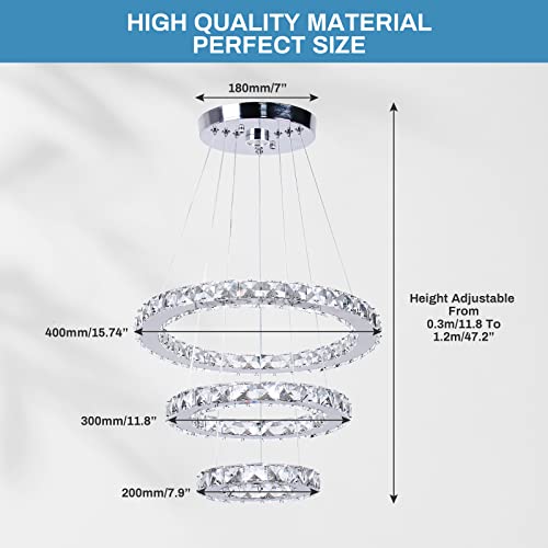Modern LED Crystal Chandeliers 3 Ring Round Pendant Lighting Fixtures DIY Stainless Steel Ceiling Lamp Hanging Lights for Living Room Dining Room Bedroom Kitchen (Changeable Light)