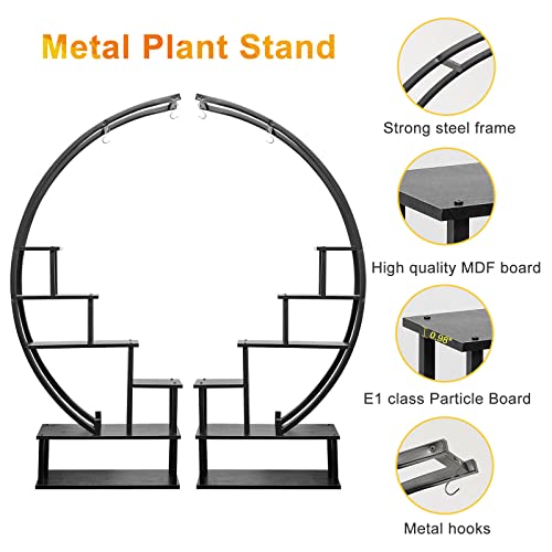 Elevens 2 Pcs 6 Tier Tall Metal Indoor Plant Stand Half-Moon-Shaped Plant Shelf Holder Multi-Purpose Plant Stands Plants Decor Plant Stands for Home Decoration (Round-Black)