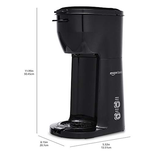 Amazon Basics Compact Dual Brew Single Serve Capsule Coffee Maker, 14 oz, Black, 8.15" x 5.32" x 11.99"