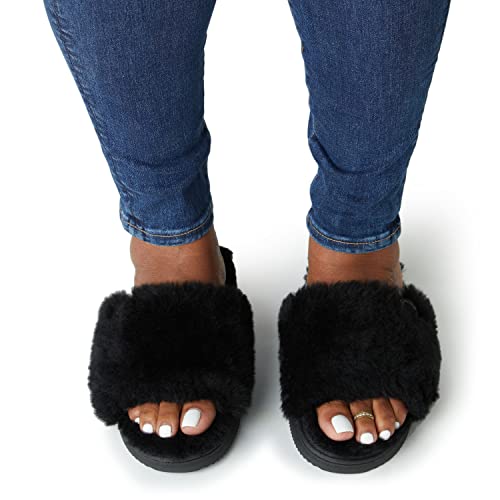 Dearfoams Women's Fireside Cairns Shearling Easy on/Off Slide Sandal Slipper, Black, 9