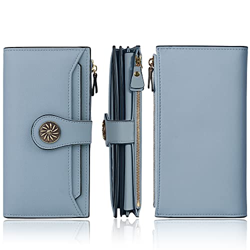 Travelambo Womens RFID Blocking Large Capacity Luxury Waxed Genuine Leather Clutch Wallet Multi Card Organizer (ReNapa Blue Classic)