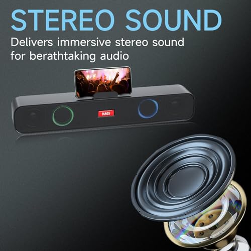 HI-PLANX Speakers with Phone Holder,Stereo Sound Bar Laptop Speaker for Desktop/Laptop/PC/Pad/Cellphone, Colorful Gradient Lighting Soundbar, USB Desktop Speaker Plug and Play