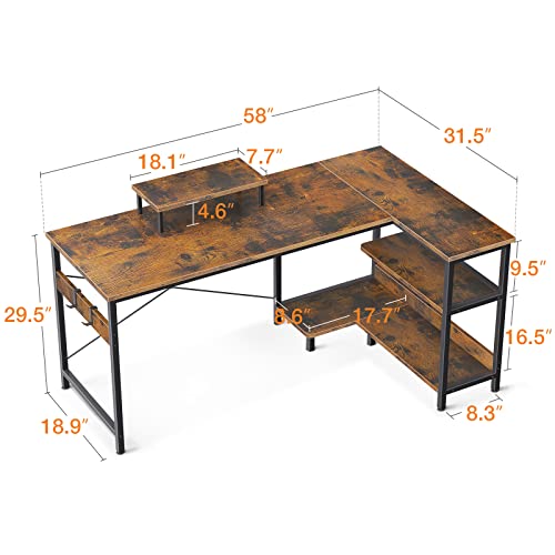 ODK Small L Shaped Computer Desk with Reversible Storage Shelves, 58 Inch L-Shaped Corner Desk with Monitor Stand for Small Space, Modern Simple Writing Study Table for Home Office, Rustic Brown