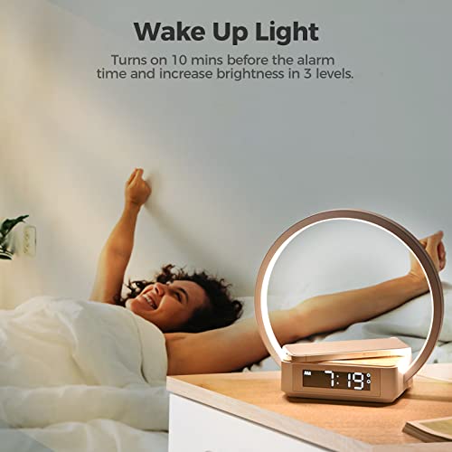 blonbar Bedside Lamp Qi Wireless Charger LED Desk Lamp with Alarm Clock, Touch Control 3 Light Hues, 10W Max Wireless Charging Table Lamp,Eye-Caring Reading Light for Kids, Adults, Home.