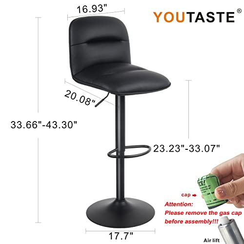 YOUTASTE Black Bar Stools Set of 2 PU Leather Upholstered Counter Height Barstools Adjustable 360 Swivel Metal Thickened High Back Bar Chairs Kitchen Island Stools