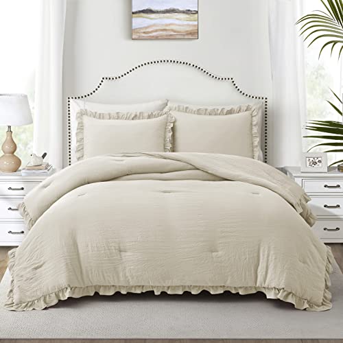 Home Bed Bedding Comforter Set - 3 Pieces Queen Comforter Set, Farmhouse Bedding Set with Ruffle Bed Comforter & Ruffle Pillows Shams(Queen Size Wheat)