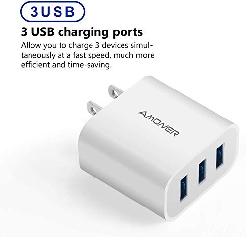 Amoner 2Pack 15W 3-Port Plug Power Adapter for iPhone 14/13/12/11/Pro/ProMax/Xs/XR/X/8, Galaxy S22 S21 and More