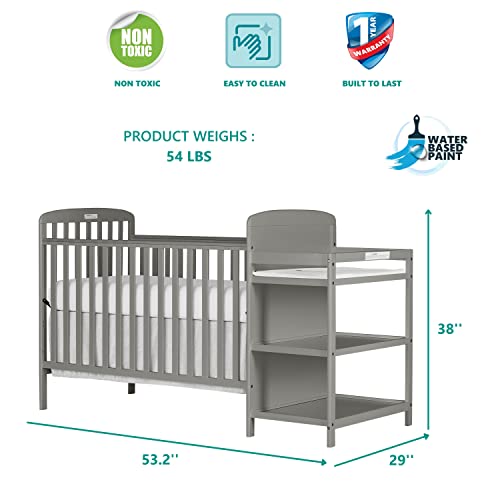 Dream On Me Anna 3-in-1 Full-Size Crib and Changing Table Combo in Steel Grey, Greenguard Gold Certified, Non-Toxic Finishes, Includes 1" Changing Pad, Wooden Nursery Furniture
