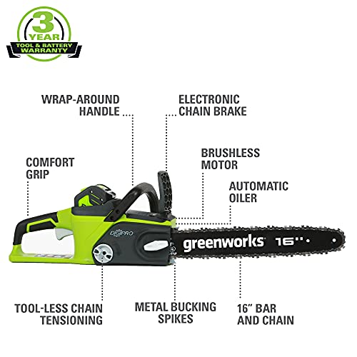 Greenworks 40V 16" Brushless Cordless Chainsaw (Great For Tree Felling, Limbing, Pruning, and Firewood / 75+ Compatible Tools), 4.0Ah Battery and Charger Included