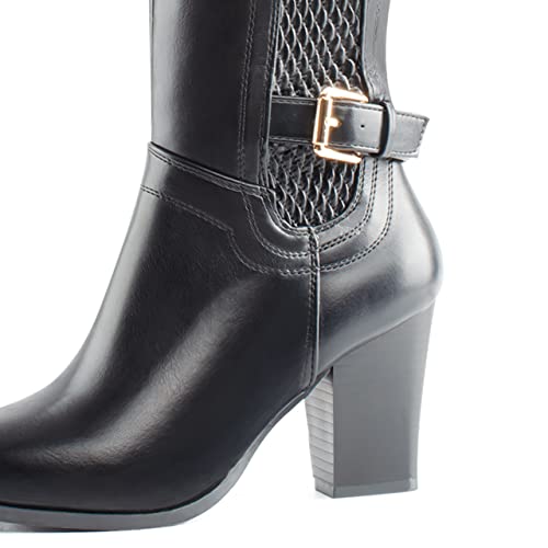 DCMBLY Knee High Boots Women Chunky Heel Almoud Toes Full Side Zipper Boots with Super Elasticity Embroidering Shrinked PU