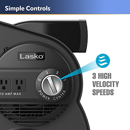 Lasko High Velocity Pivoting Utility Blower Fan, for Cooling, Ventilating, Exhausting and Drying at Home, Job Site, Construction, 2 AC Outlets, Circuit Breaker with Reset, 3 Speeds, 12", Black, U12104
