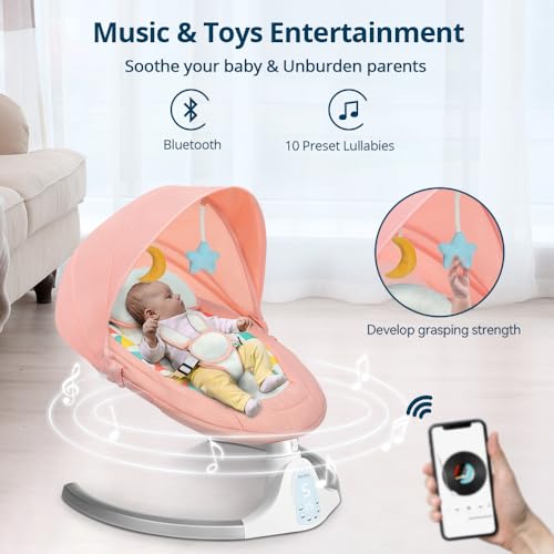 Bioby Electric Baby Swing for Infants, Portable Baby Swing for Newborn Boy Girls with 5 Swing Speeds, Bluetooth Touch Screen/Remote Control, Baby Rocker Chair with Music Speaker 5 Point Harness Pink