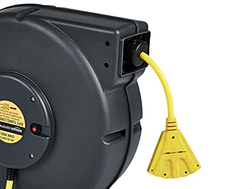 AmazonCommercial Extension Cord Reel Heavy Duty Retractable Long 12AWG x 65' Feet Industrial Grade 3C/SJT Cable with Triple Tap Connector and Swivel Bracket Power Rating 15A 125VAC 1875W 60Hz, Black