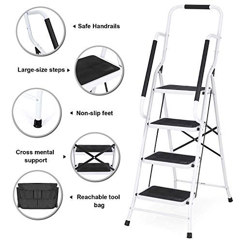 EdMaxwell 4 Step Ladder with Handrails 500 lb Capacity Step Stool Folding Portable Ladders for Home Kitchen Steel Frame with Non-Slip Wide Pedal Stepladder with Attachable Tool Bag White