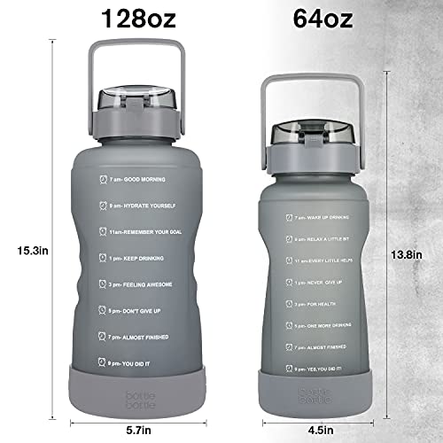 BOTTLE BOTTLE 64 OZ Gallon Motivational Water Bottle with Time Marker Straw & Protective Silicone Boot Workout Water Bottle for Adults and Kids Camping Half Gallon Water Jug (Gray)