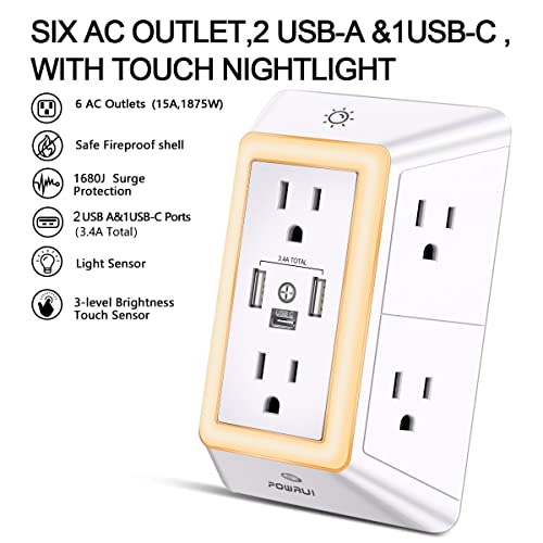 Multi Plug Outlet Surge Protector - POWRUI 6 Outlet Extender with 3 USB Ports (1 USB C) and Night Light, 3-Sided Power Strip with Adapter Spaced Outlets - White,ETL Listed