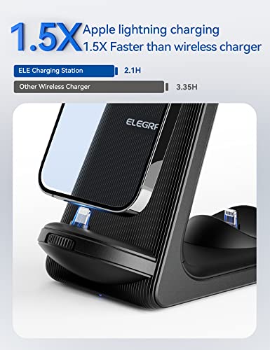 ELEGRP Charging Station for Apple Devices, Charging Stand for iPad Mini, iPhone 14/13/12/11, Airpods, Apple Watch, Charging Cable is Removable and Replaceable, LED, FCC (Black)