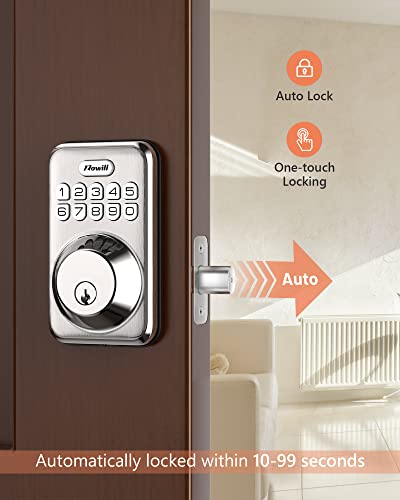 Keyless Entry Lock for Front Door, Zowill Electronic Keypad Deadbolt Smart Auto Lock, Anti-Peeping Password, 20 Customizable User Codes, IP54 Weatherproof, Easy to Install , Satin Nickel