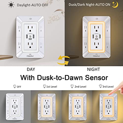 Multi Plug Outlet Surge Protector - POWRUI 6 Outlet Extender with 3 USB Ports (1 USB C) and Night Light, 3-Sided Power Strip with Adapter Spaced Outlets - White,ETL Listed