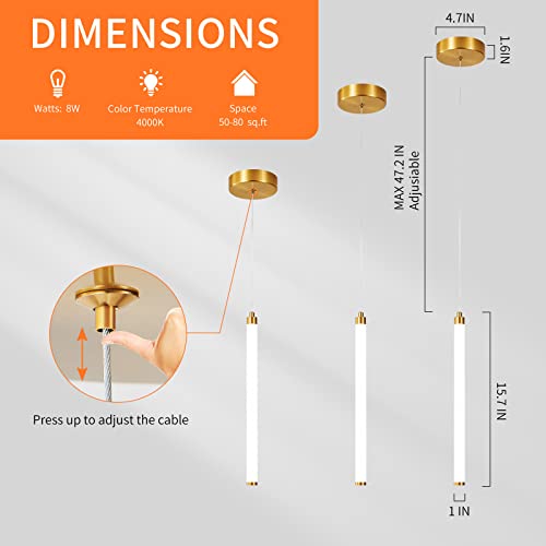 PENACINY 3 Pack Gold Pendant Light Fixtures, Integrated LED Kitchen Island Lighting, 15.7" Linear Pendant Lamp for Bedroom Bedside Bathroom Hallway Entryway, 4000K