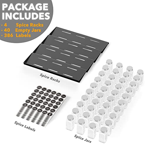 SpaceAid Spice Drawer Organizer with 40 Spice Jars, 386 Spice Labels and Chalk Marker, 4 Tier Seasoning Rack Tray Insert for Kitchen Drawers, 18.5" Wide x 17.5" Deep