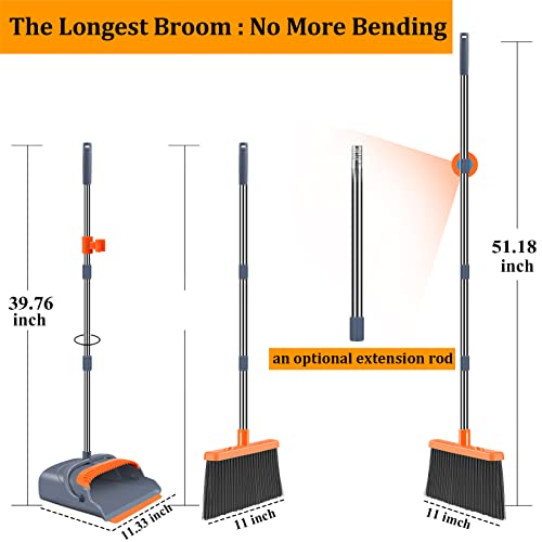kelamayi Broom and Dustpan Comb Set for Home Super Long Handle,Upright Standing Dustpan for Home Room Kitchen Office Lobby Outdoor Floor Use(Gray & Orange)