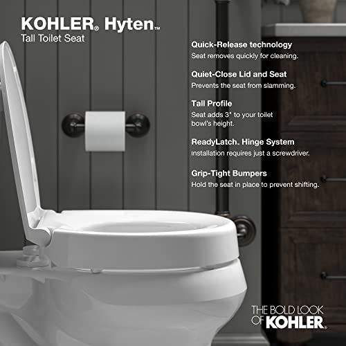 KOHLER 25875-0 Hyten Elevated Quiet-Close Elongated Toilet Seat, Contoured Seat with Grip-Tight Bumpers, Quick-Attach Hardware, White