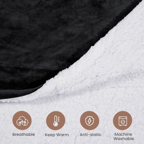 Sherpa Fleece Throw Blanket - Thick and Warm Blanket for Winter, Warm Plush Fleece Reversible Blanket for Bed, Sofa, Couch, Camping and Travel, Black, 50x60 Inches