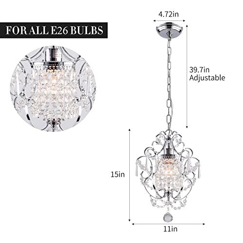 FLSFU Mini Chandelier Light Fixture,Modern Chrome Crystal Ceiling Light Fixtures 1 Light Small Chandeliers for Bathroom,Farmhouse Pendant Lighting for Girls Room Dining Room Closet Kitchen Island
