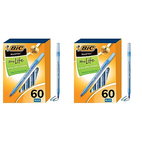 BIC Round Stic Xtra Life Blue Ballpoint Pens, Medium Point (1.0mm), 60-Count Pack of Bulk Pens, Flexible Round Barrel for Writing Comfort, No. 1 Selling Ballpoint Pens (Pack of 2)