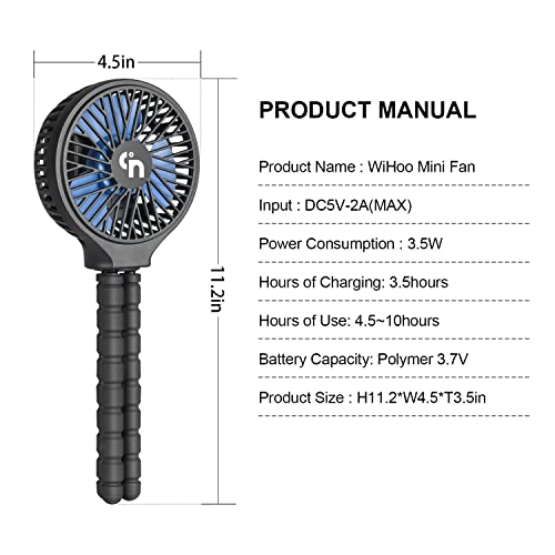 WiHoo Mini Handheld Stroller Fan,Personal Portable Car Seat Baby Fan with Flexible Tripod Fix on Stroller,USB or Battery Operated Desk Fan Adjustable 3 Speeds for Travel Treadmill Golf Cart