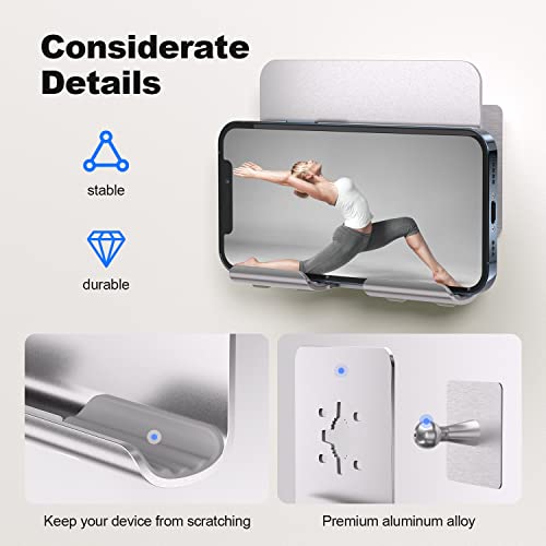 NA Wall Mount Phone Holder Adjustable Shower iPad Holder with 2Pcs Metal Adhesive Sticker, Aluminum Shower Phone Holder Compatible with Universal Cell Phone Tablet for Bathroom Kitchen Office Dorm