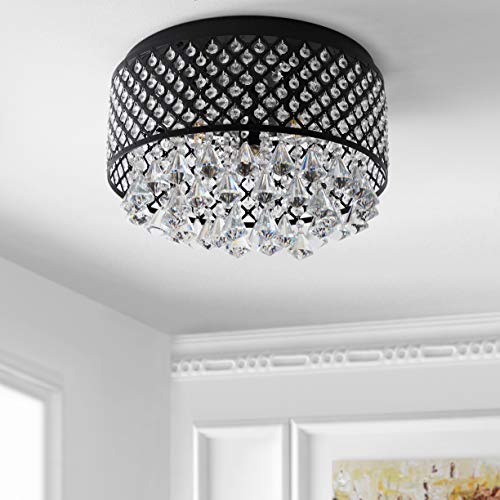 JONATHAN Y JYL6143A Evelyn 17" 3-Light Crystal Drops/Metal LED Flush Mount, Classic, Transitional, Traditional, Glam, Dimmable, 2700K Warm Light Kitchen,Hallway,Bathroom,Stairwell, Black/Clear