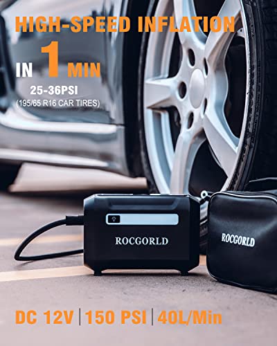 ROCGORLD R7 Tire Inflator Portable Air Compressor, 12V DC Car Tire Air Pump with Auto Shut-Off Function, 150 PSI 3X Faster Inflation Portable Tire Inflator for Car, Bike, Ball, Motor