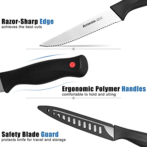 Astercook Steak Knife, Steak Knives Set of 6 with Sheath, Dishwasher Safe High Carbon Stainless Steel Steak Knife with Cover, Black