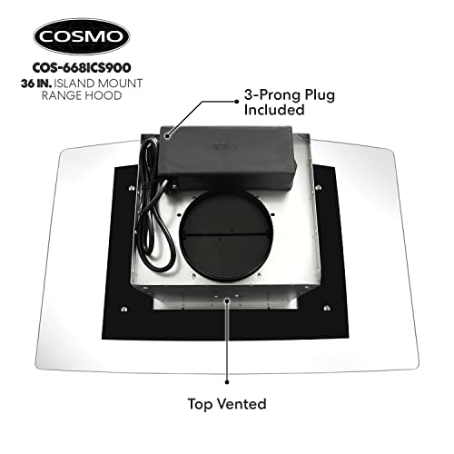 COSMO 668ICS900 36 in. Island Range Hood with 380 CFM, 3 Speeds, Ducted, Permanent Filters, Soft Touch Controls, LED Lights, Curved Glass Hood in Stainless Steel