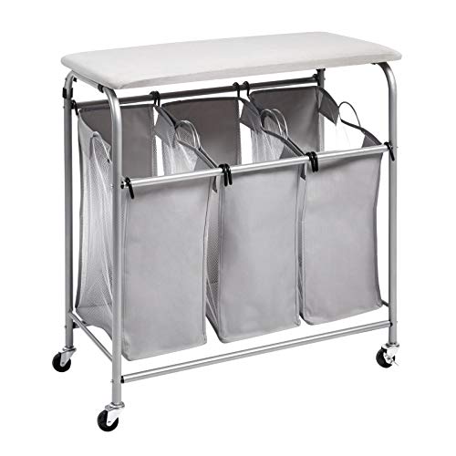 Amazon Basics 3-Bag Rectangular Laundry Sorter with Ironing Board Top, 33.07"L x 31.5"W x 16.14"H, Gray