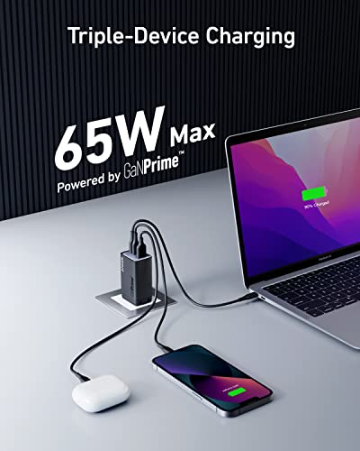 Anker USB C Charger, Anker GaNPrime 65W, 3-Port Fast Compact Foldable Wall Charger for MacBook Pro/Air, iPad Pro, Galaxy S22/S21, HP Spectre, Note 20/10+, iPhone 14/Pro, Pixel, and More